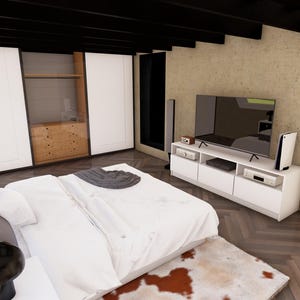 May include: A modern bedroom interior featuring a white bed with a gray headboard, a white dresser with a TV, and a large closet. The room has a neutral color palette with wooden floors and a patterned rug.