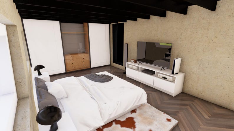 May include: A modern bedroom interior featuring a white bed with a gray headboard, a white dresser with a TV, and a large closet. The room has a neutral color palette with wooden floors and a patterned rug.