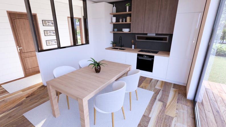 Puede incluir: Una cocina y comedor modernos con una mesa de comedor de madera clara y cuatro sillas blancas. La cocina cuenta con gabinetes blancos, un horno negro y gabinetes superiores de madera. Una peque&ntilde;a planta est&aacute; sobre la mesa.