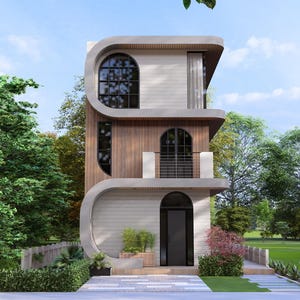 May include: A contemporary three-storey house with a distinctive curved facade. The exterior combines light grey and wood panelling, with large arched windows. The house is set amidst lush greenery, including trees and a well-kept lawn.