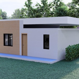 Puede incluir: Una casa moderna de una sola planta con techo plano y dise&ntilde;o minimalista. El exterior presenta una combinaci&oacute;n de paredes blancas, paneles de madera y ventanas con marcos negros. Un peque&ntilde;o seto verde est&aacute; frente a la casa. Un coche negro est&aacute; estacionado en la calle.