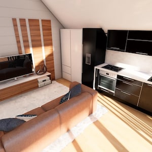 May include: A modern living space with a brown leather sofa, a white rug, and a wall-mounted TV. The kitchen area features black cabinets, a stainless steel oven, and a washing machine. Wooden paneling adds warmth to the room.