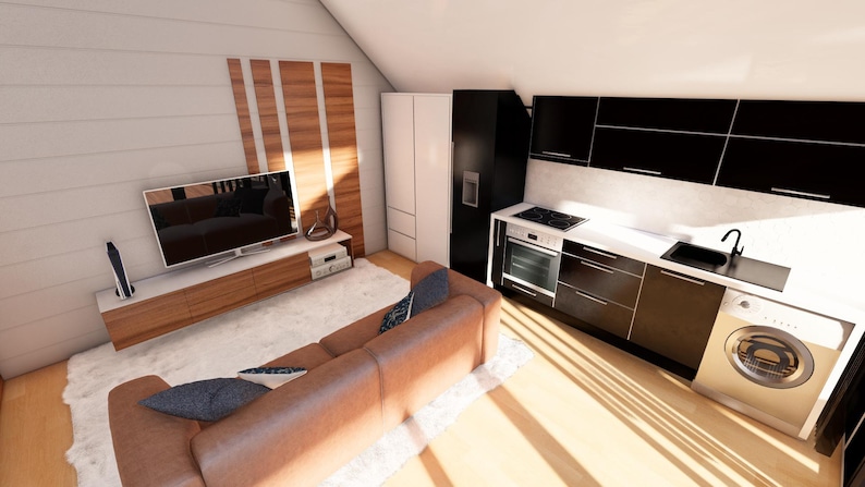 May include: A modern living space with a brown leather sofa, a white rug, and a wall-mounted TV. The kitchen area features black cabinets, a stainless steel oven, and a washing machine. Wooden paneling adds warmth to the room.