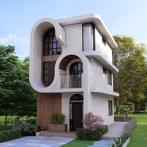 Op de afbeelding: Een modern, wit huis met drie verdiepingen en een uniek gebogen architectonisch ontwerp. Het huis heeft grote ramen, een klein balkon en een houten accentmuur. De landschapsarchitectuur omvat een groen gazon, bomen en een kleine tuin.