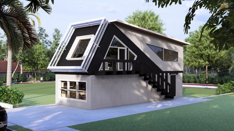 May include: A modern two-story house with a unique A-frame design. The house features a black roof, white trim, and large windows. A set of stairs leads to the upper level. The house is surrounded by green grass and trees.