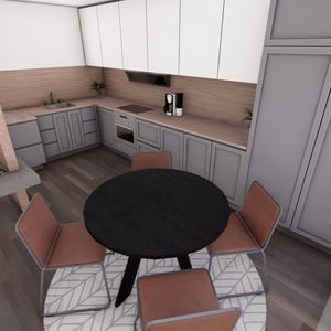 May include: An overhead view of a modern kitchen and dining area. The kitchen features gray cabinets, a stainless steel sink, and a built-in oven. A round black table with four chairs is in the center of the room. The chairs have a light brown seat and silver legs.