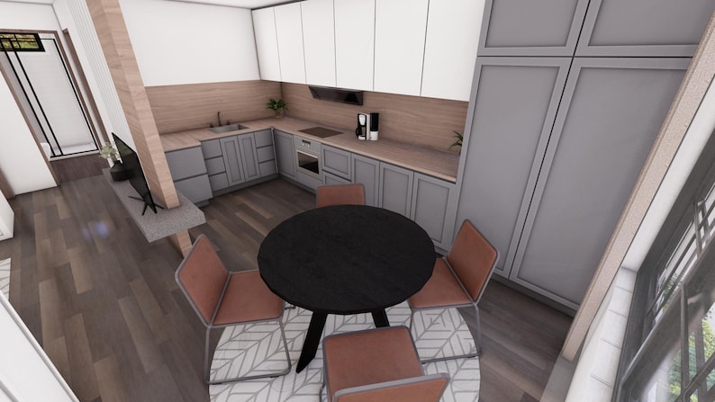 May include: An overhead view of a modern kitchen and dining area. The kitchen features gray cabinets, a stainless steel sink, and a built-in oven. A round black table with four chairs is in the center of the room. The chairs have a light brown seat and silver legs.