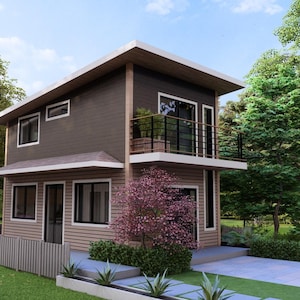 VLOERPLAN + HOOGTE | (4 x 7 meter) klein huis voor een klein gezin | Tiny House-ontwerp met twee verdiepingen | Pension met 2 slaapkamers