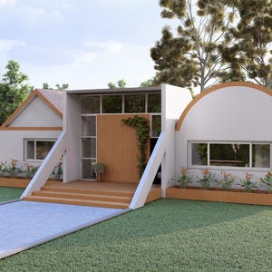 May include: Architectural rendering of a modern house with a white exterior and a unique curved section. The house features a wooden door, large windows, and a concrete driveway. Landscaping includes green grass, trees, and small plants in wooden planters.
