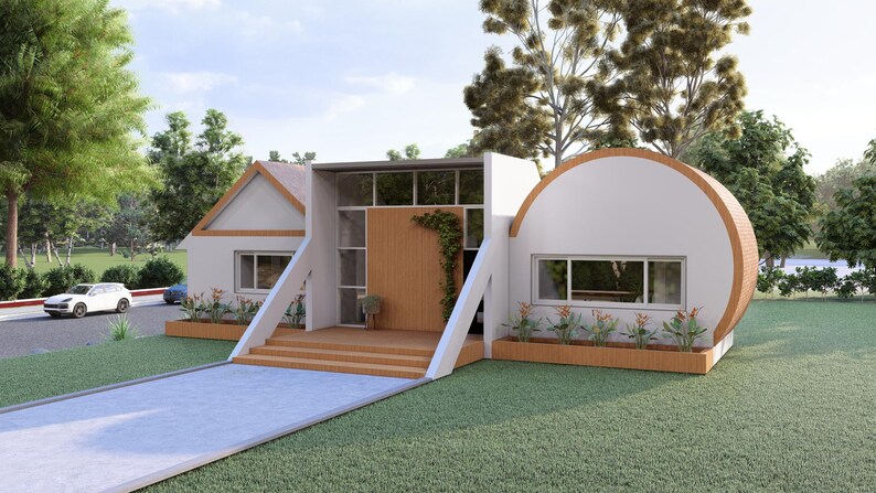 May include: Architectural rendering of a modern house with a white exterior and a unique curved section. The house features a wooden door, large windows, and a concrete driveway. Landscaping includes green grass, trees, and small plants in wooden planters.