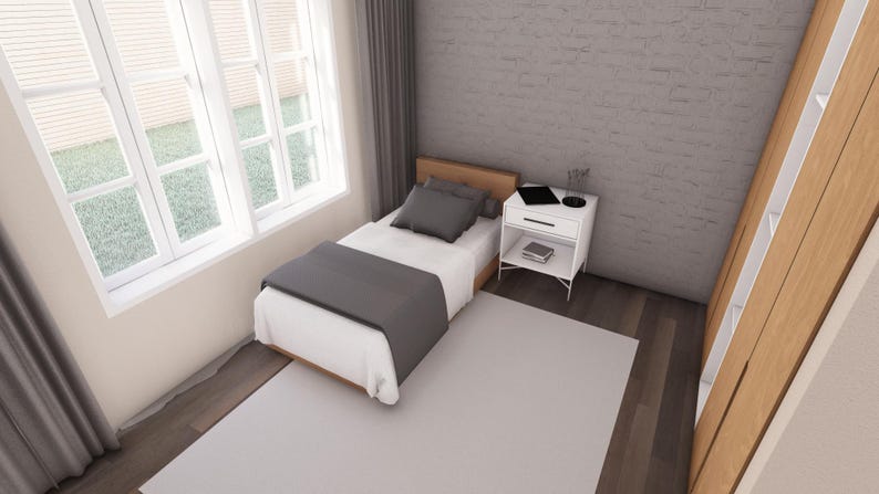 Peut inclure: Chambre minimaliste avec un lit simple, une couverture et un oreiller gris. Une table de chevet blanche avec un ordinateur portable et des &eacute;l&eacute;ments de d&eacute;coration est &agrave; c&ocirc;t&eacute; du lit. Une grande fen&ecirc;tre avec des stores blancs et un rideau gris sont visibles.
