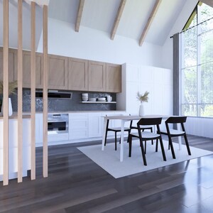 K&ouml;nnte beinhalten: Eine moderne K&uuml;che und ein Essbereich mit einer gew&ouml;lbten Decke und gro&szlig;en Fenstern. Die K&uuml;che verf&uuml;gt &uuml;ber wei&szlig;e Schr&auml;nke, eine Akzentwand aus hellem Holz und einen Esstisch mit schwarzen St&uuml;hlen. Der Raum hat Holzb&ouml;den und eine neutrale Farbpalette.