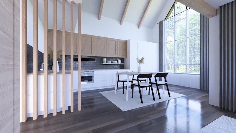 K&ouml;nnte beinhalten: Eine moderne K&uuml;che und ein Essbereich mit einer gew&ouml;lbten Decke und gro&szlig;en Fenstern. Die K&uuml;che verf&uuml;gt &uuml;ber wei&szlig;e Schr&auml;nke, eine Akzentwand aus hellem Holz und einen Esstisch mit schwarzen St&uuml;hlen. Der Raum hat Holzb&ouml;den und eine neutrale Farbpalette.