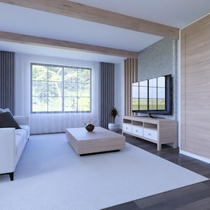 K&ouml;nnte beinhalten: Ein modernes Wohnzimmer mit einem wei&szlig;en Sofa, einem hellen Holztisch und einem gro&szlig;en Fenster. Der Raum verf&uuml;gt &uuml;ber einen hellen Teppich, einen Fernseher und eine Akzentwand aus Holz. Das Gesamtdesign ist minimalistisch und hell.