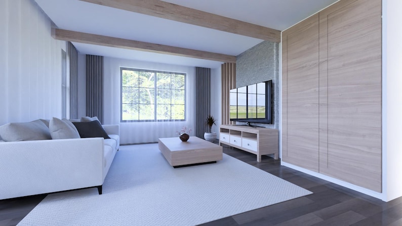 K&ouml;nnte beinhalten: Ein modernes Wohnzimmer mit einem wei&szlig;en Sofa, einem hellen Holztisch und einem gro&szlig;en Fenster. Der Raum verf&uuml;gt &uuml;ber einen hellen Teppich, einen Fernseher und eine Akzentwand aus Holz. Das Gesamtdesign ist minimalistisch und hell.