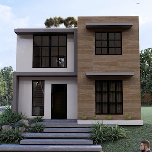 Puede incluir: Una casa moderna de dos pisos con exterior blanco y beige. La casa tiene grandes ventanas negras, una puerta principal oscura y un peque&ntilde;o jard&iacute;n delantero con paisajismo. El cielo es azul con algunas nubes.