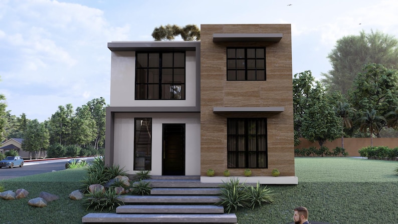 Puede incluir: Una casa moderna de dos pisos con exterior blanco y beige. La casa tiene grandes ventanas negras, una puerta principal oscura y un peque&ntilde;o jard&iacute;n delantero con paisajismo. El cielo es azul con algunas nubes.