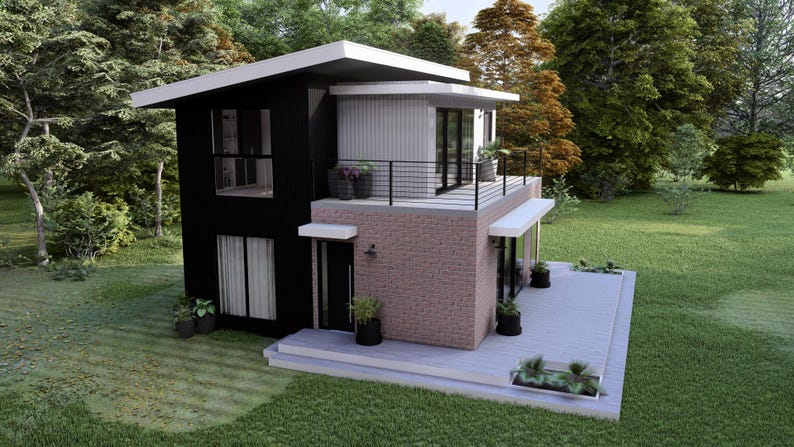 Op de afbeelding: Modern huis met twee verdiepingen, zwarte buitenkant en wit dak. Het huis heeft een bakstenen gevel, een balkon met een zwarte balustrade en grote ramen. De landschapsarchitectuur omvat potplanten en een gazon.