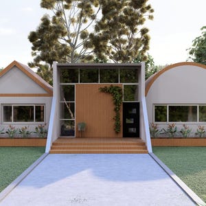 May include: Architectural rendering of a modern home with a unique design. The structure features a central wooden entrance, flanked by a triangular and a circular section. The exterior is painted white with wooden accents, set against a backdrop of green grass and trees.