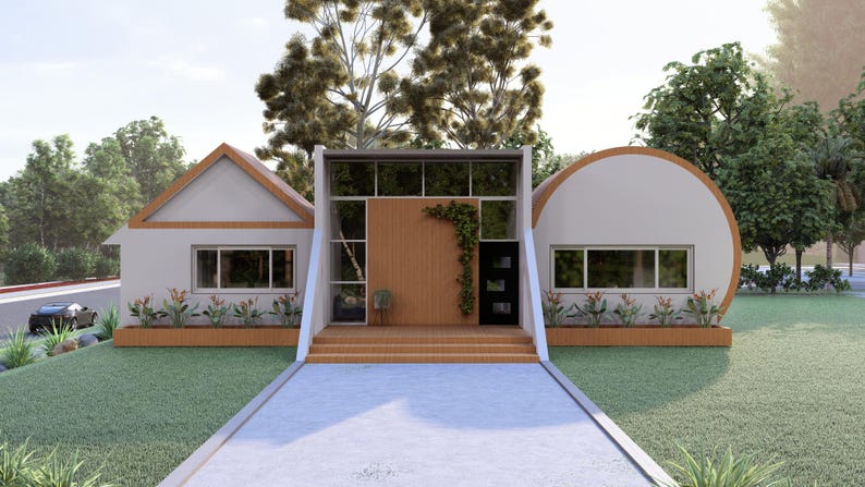 May include: Architectural rendering of a modern home with a unique design. The structure features a central wooden entrance, flanked by a triangular and a circular section. The exterior is painted white with wooden accents, set against a backdrop of green grass and trees.