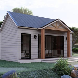 Puede incluir: Una peque&ntilde;a casa gris claro con un tejado azul oscuro y detalles en madera. La casa tiene grandes ventanas y un porche, situada en un jard&iacute;n verde con &aacute;rboles y paisajismo. El dise&ntilde;o es moderno y acogedor.