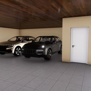 May include: Two cars parked inside a garage. One is silver, the other is black. The garage has a light beige wall and a wooden ceiling. A white door is on the right side of the garage.