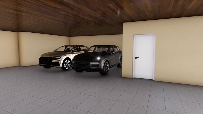May include: Two cars parked inside a garage. One is silver, the other is black. The garage has a light beige wall and a wooden ceiling. A white door is on the right side of the garage.