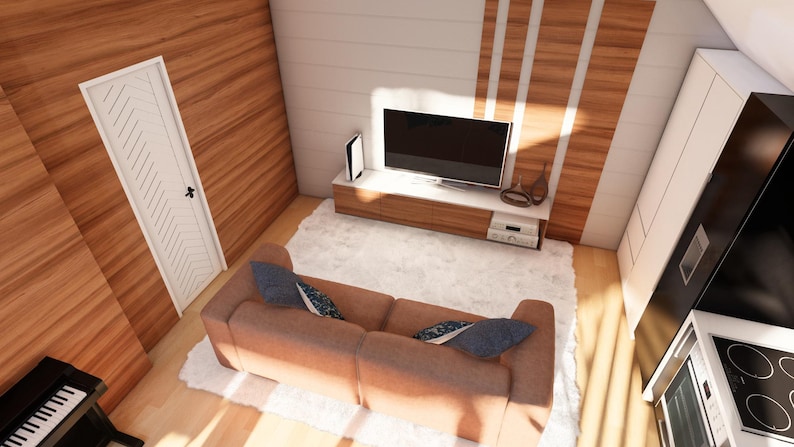 May include: An interior shot of a modern living space with a brown sofa, a white rug, and a wall-mounted TV. The walls are a mix of wood paneling and white paint. A white door and a black piano are also visible.