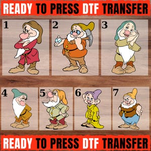 May include: A collection of seven numbered DTF transfers featuring cartoon dwarf characters in various outfits and poses. The text READY TO PRESS DTF TRANSFER appears at the top and bottom of the image. Each character has a distinct hat, tunic, and facial expression, rendered in a colorful, illustrated style on a wood-grain background.