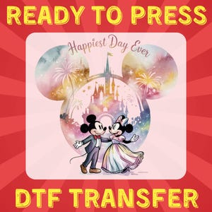 Mickey & Minnie Happiest Day Ever DTF Transfer, Disney Couple Castle Design, Ready to Press Romantic Shirt Print for Magical Trips