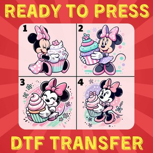 ミニーマウスカップケーキDTF転写、かわいいミニーヒートプレスデザイン、すぐにプレスできるビニール、Tシャツ用ピンクカップケーキミニープリント