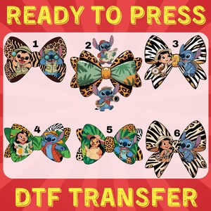 Stitch Coquette DTF, transfert DTF Lilo et Stitch Bow, conception de chemise de personnage de dessin animé Png, autocollant de presse à chaud de chemise pour enfants Disney sur le thème sauvage
