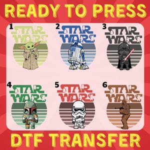 Retro Star Wars Character DTF Bundle | Baby Yoda, Vader, Droid & Chewbacca Set | Ready to Press Heat Transfer for Geeky T-Shirts, DTF
