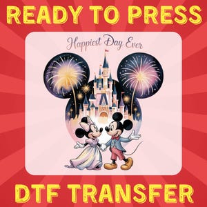 Mickey & Minnie Happiest Day Ever DTF Transfer, Disney Couple Castle Design, Ready to Press Romantic Shirt Print for Magical Trips