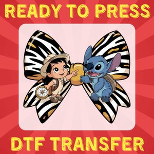 Presse Dtf Stitch Coquette, transfert DTF Lilo et Stitch Zebra Bow, conception de chemise Png de personnage de dessin animé, transfert DTF Safari Stitch Bow