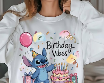 Camiseta de celebración de Disney lista para imprimir, con transferencia DTF y vibraciones de cumpleaños de Stitch