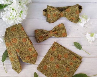 Olive Green Orange Floral Necktie, Mens Self Tie Bow Tie, Matching Pocket Square, Olive Sage Green Wedding, Tie for Groom and Groomsmen