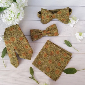 Olive Green Orange Floral Necktie, Mens Self Tie Bow Tie, Matching Pocket Square, Olive Sage Green Wedding, Tie for Groom and Groomsmen