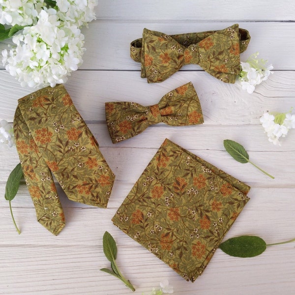 Olive Green Orange Floral Necktie, Mens Self Tie Bow Tie, Matching Pocket Square, Olive Sage Green Wedding, Tie for Groom and Groomsmen