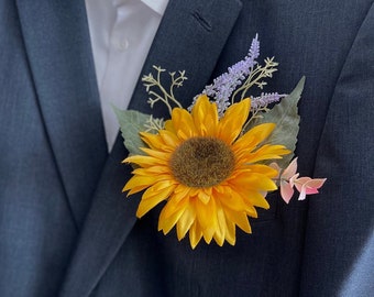 Sunflower Pocket Boutonniere and Corsage Set  Sunflower Pocket Square for Prom Rustic Wrist Corsage for Bridesmaid Buttonholes for Wedding