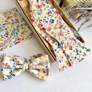 Floral Bow Tie Wedding Wildflower Groom Bowtie Best Man Pocket Square Groomsmen Accessories Wedding Pageboy Bow tie Ring Bearer Bow tie image 1