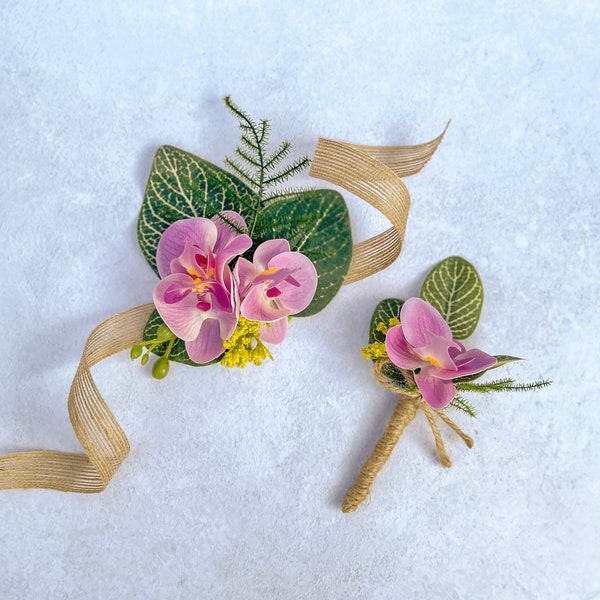 Corsage de demoiselles d'honneur orchidée rose, corsage de poignet de mariée sur le thème de la plage, corsage de bal de promo, boutonnière rose pour garçons d'honneur, boutonnière de mariage de plage