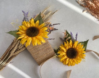 Sunflower Buttonhole for Wedding Pocket Boutonniere and Corsage Set  Sunflower Pocket Square for Prom Rustic Wrist Corsage for Bridesmaid