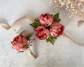 Desert Coral Peony Buttonhole and Corsage Set Autumn Wedding Boutonnières for Prom Peony Wrist Corsage Rustic Wedding Buttonholes