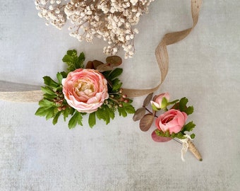 Blush Pink Ranunculus Buttonhole and Corsage Set Wedding Boutonnières for Prom Peach Ranunculus Wrist Corsage Rustic Wedding Buttonholes