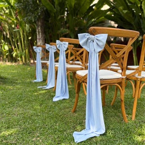 Peut inclure: Une rangée de chaises en bois avec des rubans bleu clair noués en nœuds au dos de chaque chaise. Les chaises sont installées à l'extérieur sur une pelouse.