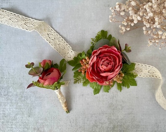 Desert Coral Ranunculus Buttonhole and Corsage Set Autumn Wedding Boutonnières for Prom Ranunculus Wrist Corsage Rustic Wedding Buttonholes