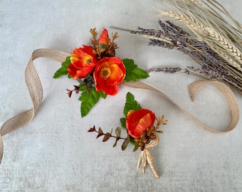 Burnt Orange Poppy Buttonhole and Corsage Set Autumn Wedding Boutonnières for Prom Poppy Wrist Rustic Corsage Summer Wedding Buttonholes