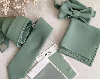Dusty Sage Wedding Tie Collection Matte Sage Green Necktie Bow Tie & Pocket Square Groom and Groomsmen Accessories