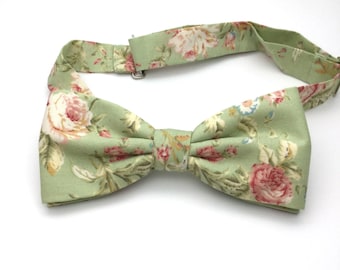 Floral Mens Shabby Chic Bow Tie Clip On Apple Green Pre tied Country Wedding Women Boy Baby Children Cotton Bow tie for Groom Groomsmen